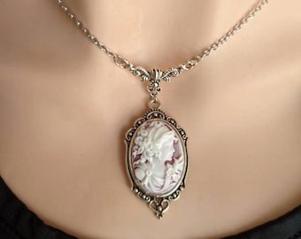 Victorian Cameo Necklace: Antique Silver Goddess Pendant, Vintage Style Wedding Jewelry