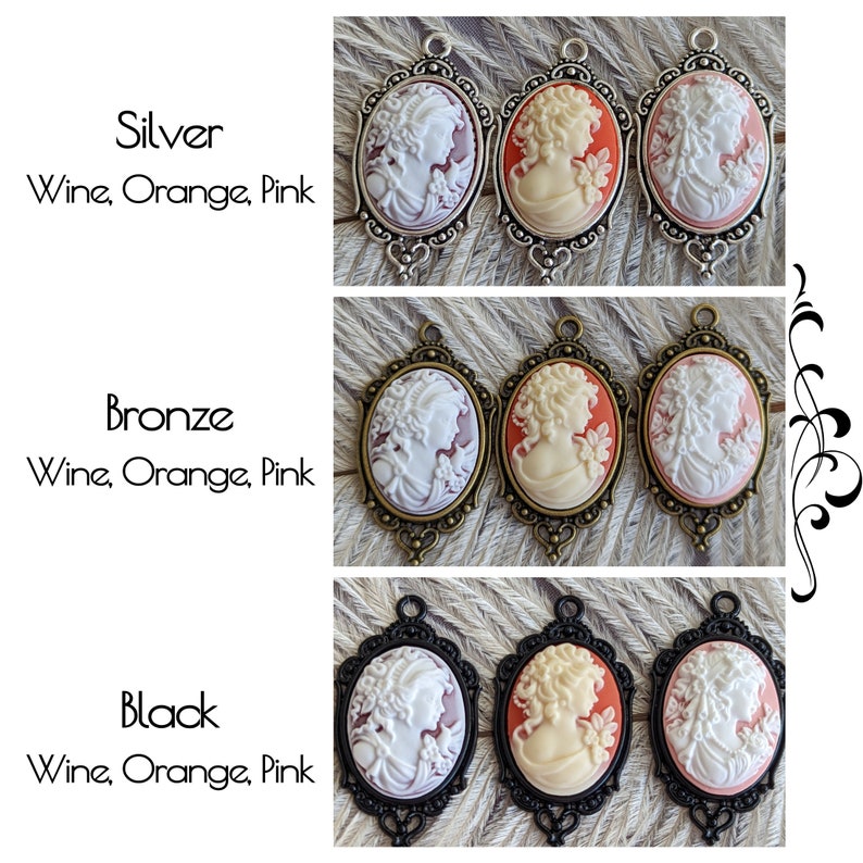 All Goddess cameo colours shown in all the finish options. Cameo colours include: white on wine, ivory on orange, white on pink. The finish options are antiqued silver, antiqued brass (aka bronze), and black enamel.