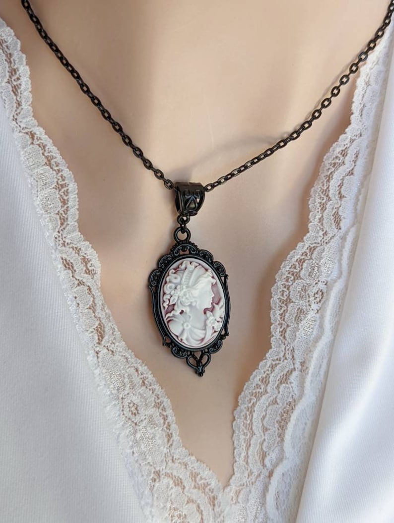 Goddess Cameo Necklace, Victorian Cameo Necklace, Goddess Necklace, Vintage Style Jewelry, Vintage Wedding Necklace, Shabby Chic Jewelry Wine in Black