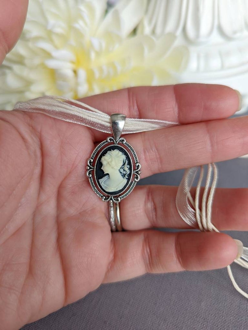 Cameo Choker Necklace, Lady Cameo Jewelry, Ribbon Choker Necklace, Victorian Bridal Jewelry, Unique Gifts for Women who love Vintage Style image 3