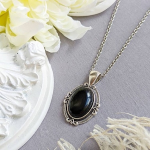 Obsidian Necklace, Obsidian Pendant, Gemstone Jewelry, Black Stone, Gothic Jewelry, Gothic Bridal Jewelry, Gift for Her image 2