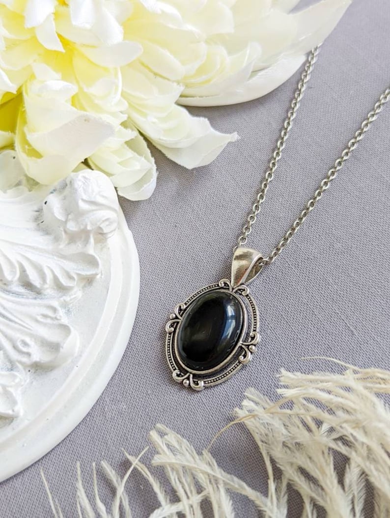 Obsidian Necklace, Obsidian Pendant, Gemstone Jewelry, Black Stone, Gothic Jewelry, Gothic Bridal Jewelry, Gift for Her image 2