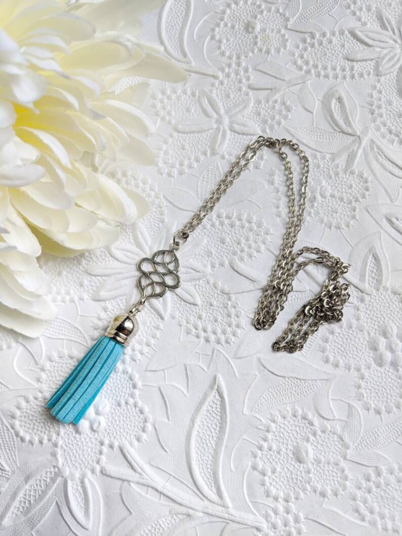 Blue tassel necklace long tassel necklace leather tassel Etsy