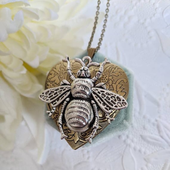 Bee Locket Necklace Gold Heart Locket Necklace Honey Bee
