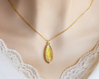 Opal Quartz Necklace, Opal Teardrop Pendant, Opal Crystal Necklace, Iridescent Gemstone Jewelry, October Birthstone Jewelry, Gold Plated