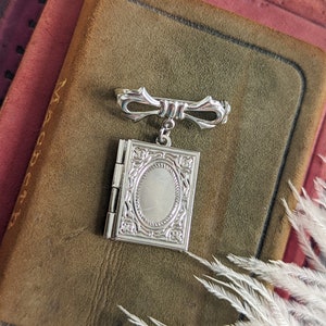 Silver Book Locket Brooch: Bridal Bouquet Memory Pin, Book Lover Gift