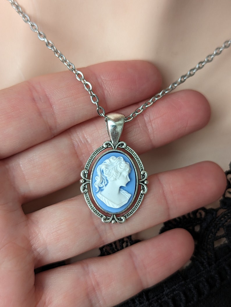 Blue Cameo Necklace, Victorian Gothic Jewelry, Vintage Style Cameo Jewelry, Victorian Bridal Jewelry, Something Blue for Bride Jewelry image 4