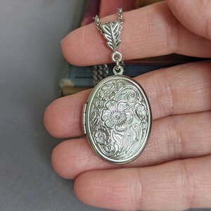 Silver Locket, Embossed Floral Locket, Long Chain Necklace, Vintage Style, Designer Locket, Wife Anniversary Gift, Mothers Day Gift image 5