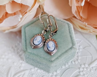 Blue Cameo Earrings, Silver Victorian Earrings, Cameo Jewelry, Historic Wedding Jewelry, Vintage Style Something Blue for Bride Earrings