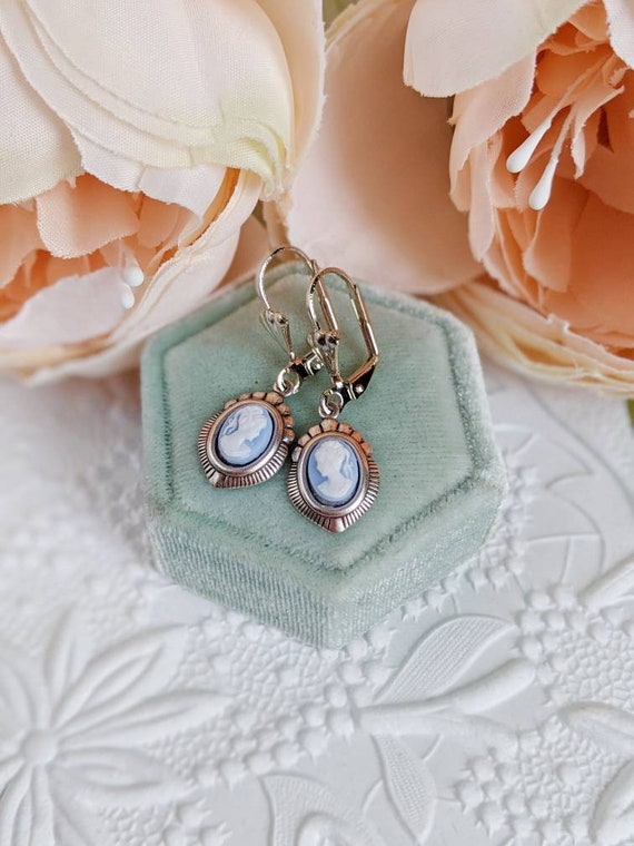 Blue Cameo Earrings, Silver Victorian Earrings, Cameo Jewelry
