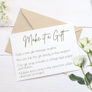 Graphic showing gifting options: free gift message anytime. Gift wrap is an available upgrade, shipping to gift recipient can be arranged at any time.
