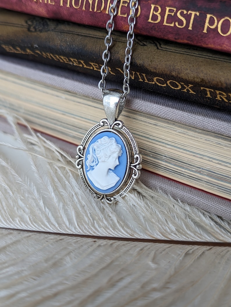 Blue Cameo Necklace, Victorian Gothic Jewelry, Vintage Style Cameo Jewelry, Victorian Bridal Jewelry, Something Blue for Bride Jewelry image 6