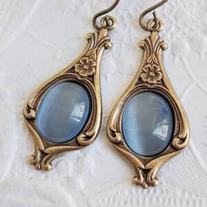 Sky blue earrings, light blue dangle earrings, vintage style golden earrings, something blue for bride jewelry, gift for her image 2