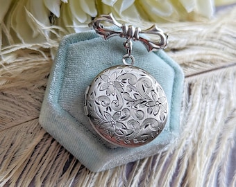 Silver Locket Brooch, Round Locket, Bridal Bouquet Charm, Embossed Floral Locket, Vintage Style, Wedding Memory Pin, Bride Wedding Gift