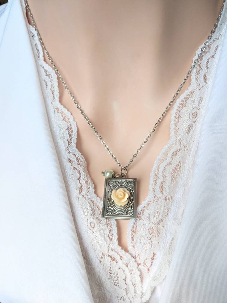 Silver Book Locket Necklace with Flower, Book Club Gifts for Book Lovers, Librarian Gift Idea, Tiny Book Necklace image 6