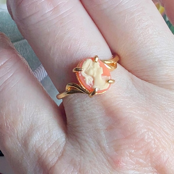 Carnelian Cameo Ring, Gold Vermeil Sterling Silver, Adjustable Victorian Style Handmade Jewelry