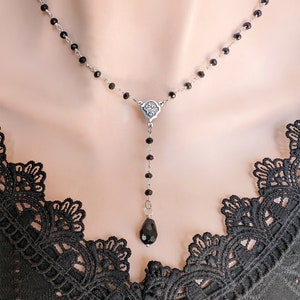 Black Beaded Y Necklace: Gothic Rosary Choker, Vintage Style