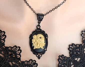 Black Sugar Skull Cameo Necklace, Gothic Jewelry
