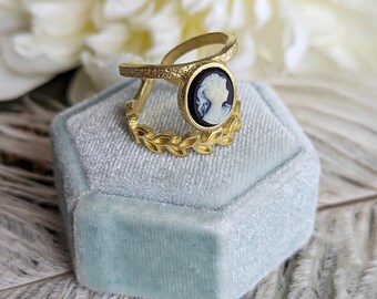 Golden Brass Cameo Ring: Adjustable Laurel Leaf Band - Etsy