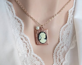 Book Locket Necklace, Rose Gold Locket, Cameo Necklace, Book Jewelry, Book Lover Gift, Librarian, Teacher Gift