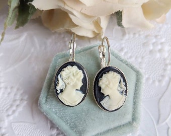 Black Cameo Earrings, Cameo Drop Earrings, Silver Lever Back Earrings, Lady Cameo Earrings, Victorian Earrings, Romantic Jewelry