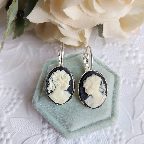 Black Cameo Earrings, Cameo Drop Earrings, Silver Lever Back Earrings, Lady Cameo Earrings, Victorian Earrings, Romantic Jewelry