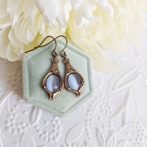 Sky blue earrings, light blue dangle earrings, vintage style golden earrings, something blue for bride jewelry, gift for her image 4