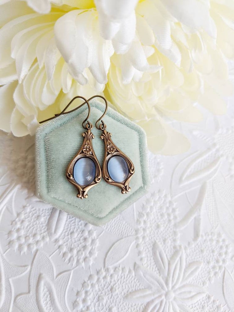Sky blue earrings, light blue dangle earrings, vintage style golden earrings, something blue for bride jewelry, gift for her image 4