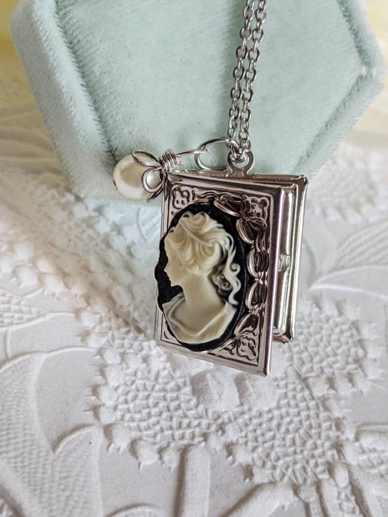 Book Locket Necklace, Rose Gold Locket, Cameo Necklace, Book Jewelry, Book Lover Gift, Librarian, Teacher Gift image 3