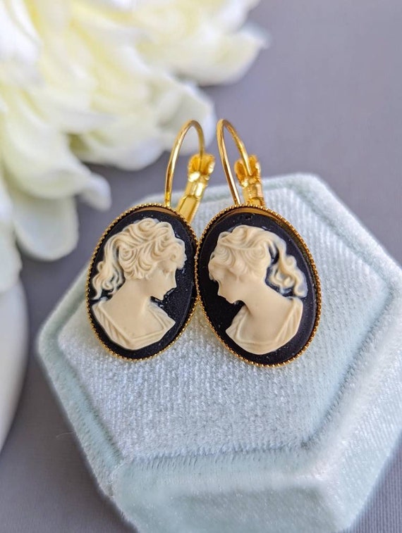 Black Cameo Earrings Gold Cameo Drop Earrings Lever Back