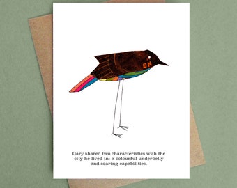 Rainbow-bellied black bird greeting card blank