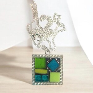 Blue & Green Mosaic Necklace | M Stained Glass Necklace | Mosaic Jewelry | Wearable Art