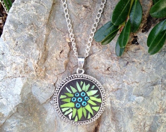 Flower Necklace - Green Mosaic Stained Glass Pendant - Mosaic Flower Pendant - Green Necklace - P99