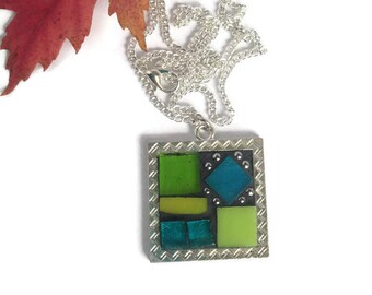 Blue & Green Pendant Necklace - Mosaic Stained Glass Necklace - Mosaic Jewelry - Turquoise Necklace - P68