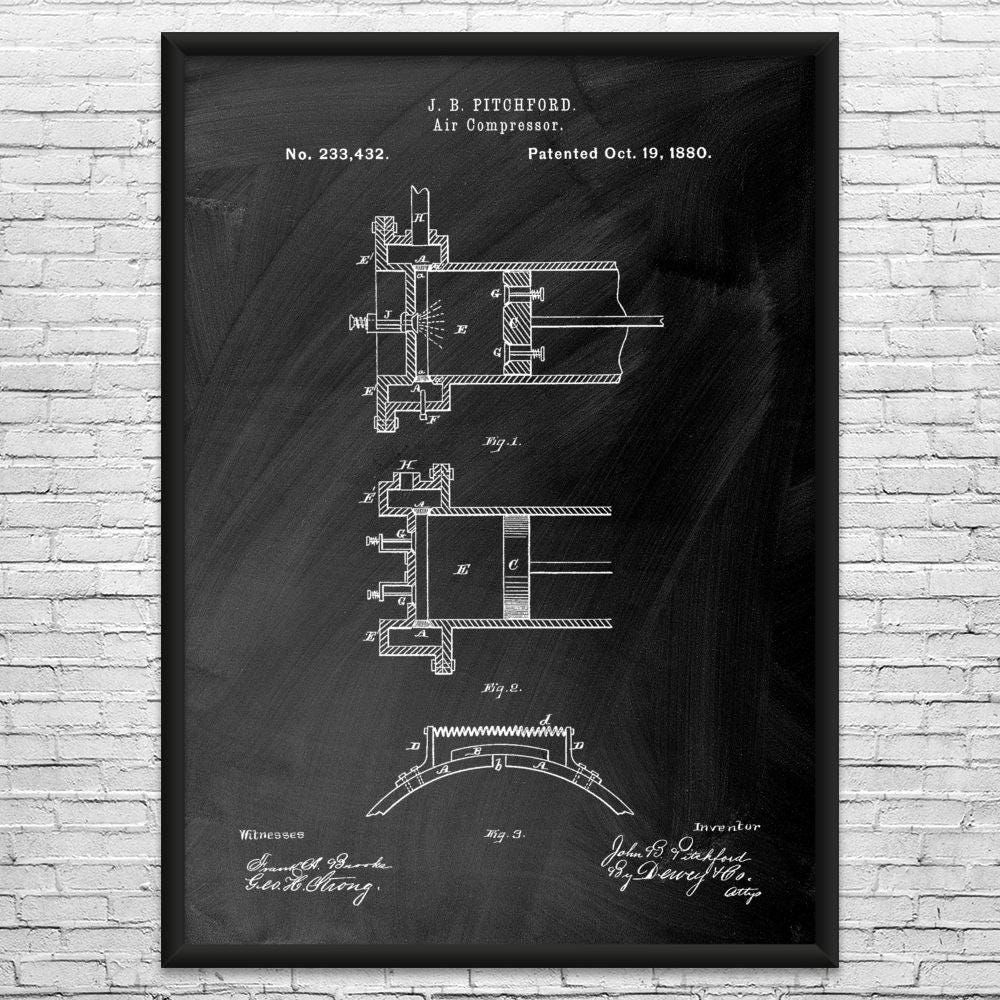 1880 Air Compressor Patent Art Print: Mechanical Engineer, Contractor ...