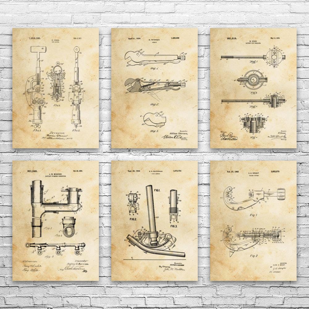 Pipefitting Patent Wall Art Set of 6 | Poster, Canvas or Framed | Plumber Gifts, Pipefitter Decor, Plumbing Art, Contractor Gifts