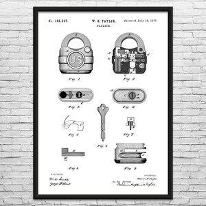 Padlock Patent Art Print: Locksmith Gift, Workshop Decor Black & White