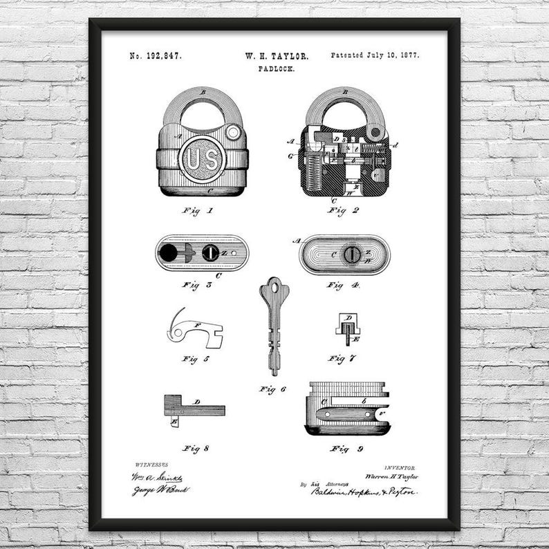 Padlock Patent Art Print: Locksmith Gift, Workshop Decor Black & White