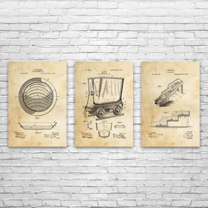 Gold Mining Patent Wall Art Set of 3 | Poster, Canvas or Framed | Mining Decor, Gold Prospector, Miner Gift, Gold Rush Art, Rock Collector