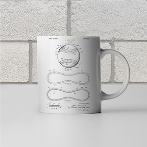 May include: A white ceramic mug with a black and white illustration of a baseball patent. The patent is titled "Baseball" and the patent number is 1,608,809. The patent date is May 8, 1926.