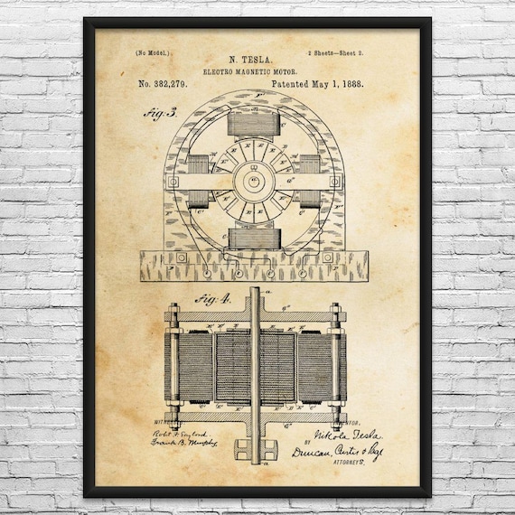 Nikola Tesla Electromagnetic Motor Patent Art Print: Nikola Tesla Art, Technology Gift