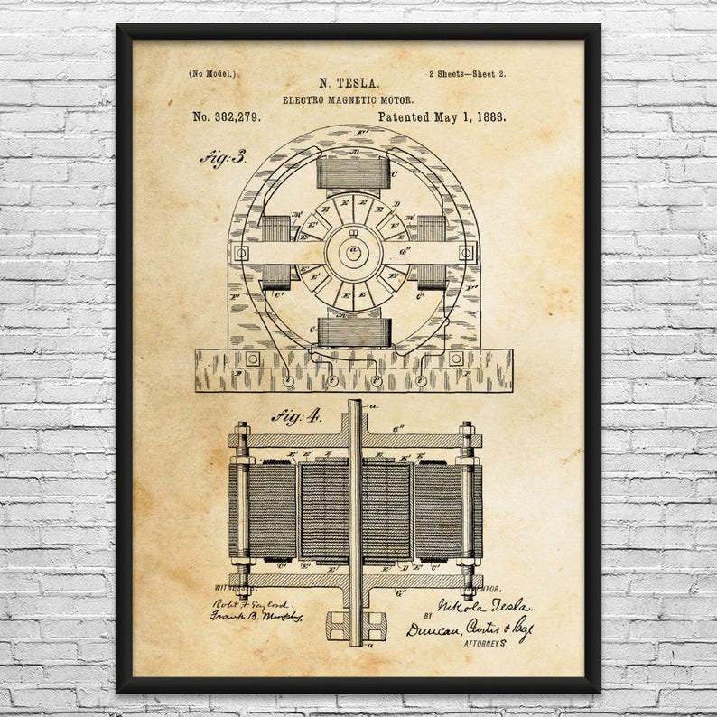 Nikola Tesla Electromagnetic Motor Patent Art Print: Nikola Tesla Art, Technology Gift Vintage Paper