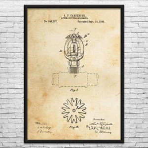 May include: Framed vintage print of an automatic fire sprinkler patent, dated September 10, 1895. The diagram shows a detailed technical illustration of the sprinkler's components, with text including the inventor's name and patent information.