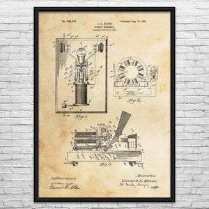 May include: Framed vintage patent print of a circuit breaker, dated August 13, 1901, by L.L. Elden. The sepia-toned print features detailed technical drawings labeled as Fig. 1, Fig. 2, and Fig. 3, with the inventor's and witnesses' names.