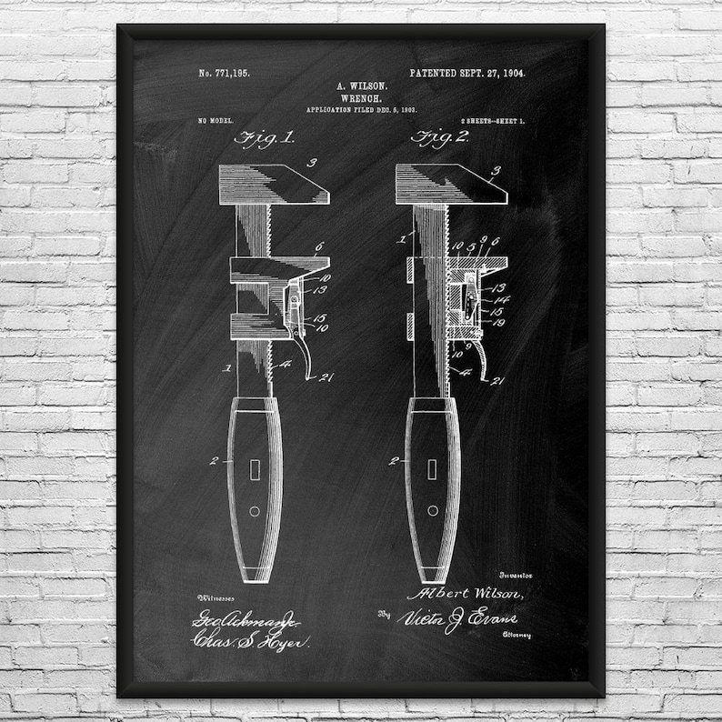 Pipe Wrench Patent Art Print: Plumbing Art, Pipe Fitter Black Chalkboard