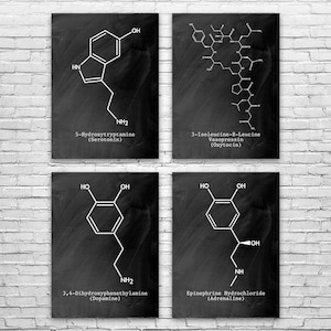 Neurotransmitter Molecules Wall Art Set of 4 | Poster, Canvas or Framed | Serotonin Art, Biologist Gifts, Scientist Gift, Biology Art