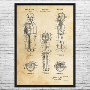 May include: A framed patent print on aged paper featuring technical line drawings of a ventriloquist dummy. The document includes five distinct figures labeled Fig 1 through Fig 5, detailing internal mechanisms, dated April 19, 1938, by M. McCown.