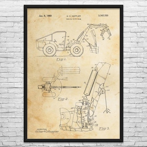 May include: Framed vintage blueprint of a vehicle with a boom, dated January 9, 1968. The technical drawing, labeled "Fig. 1," "Fig. 2," and "Fig. 3," features detailed schematics and the inventor's name, Gilbert O. Kappler.