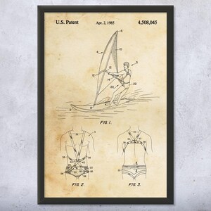 Wind Surfing Patent Wall Art | Poster, Canvas or Framed | Surf Board Decor, Surfing Gifts, Man Cave Decor, Gifts For Men, Gifts For Her