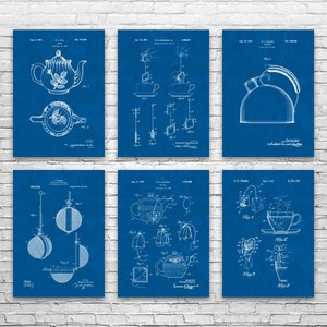 Tea Patent Posters Set of 6, Tea House Art, Teapot Design, Teapot Wall Art, Vintage Teapot, Cafe Owner Gift, Teapot Blueprint, Barista Gift